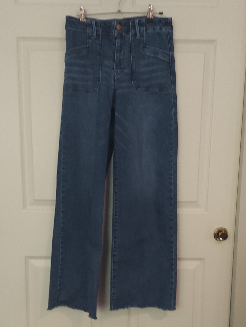 RISEN High Rise Wide Leg Jeans Sz 27 Patch Pockets Raw Hem